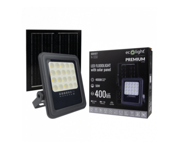 EcoLight 50W-os napelemes reflektor, 4000K, beépített alkonykapcsolóval 